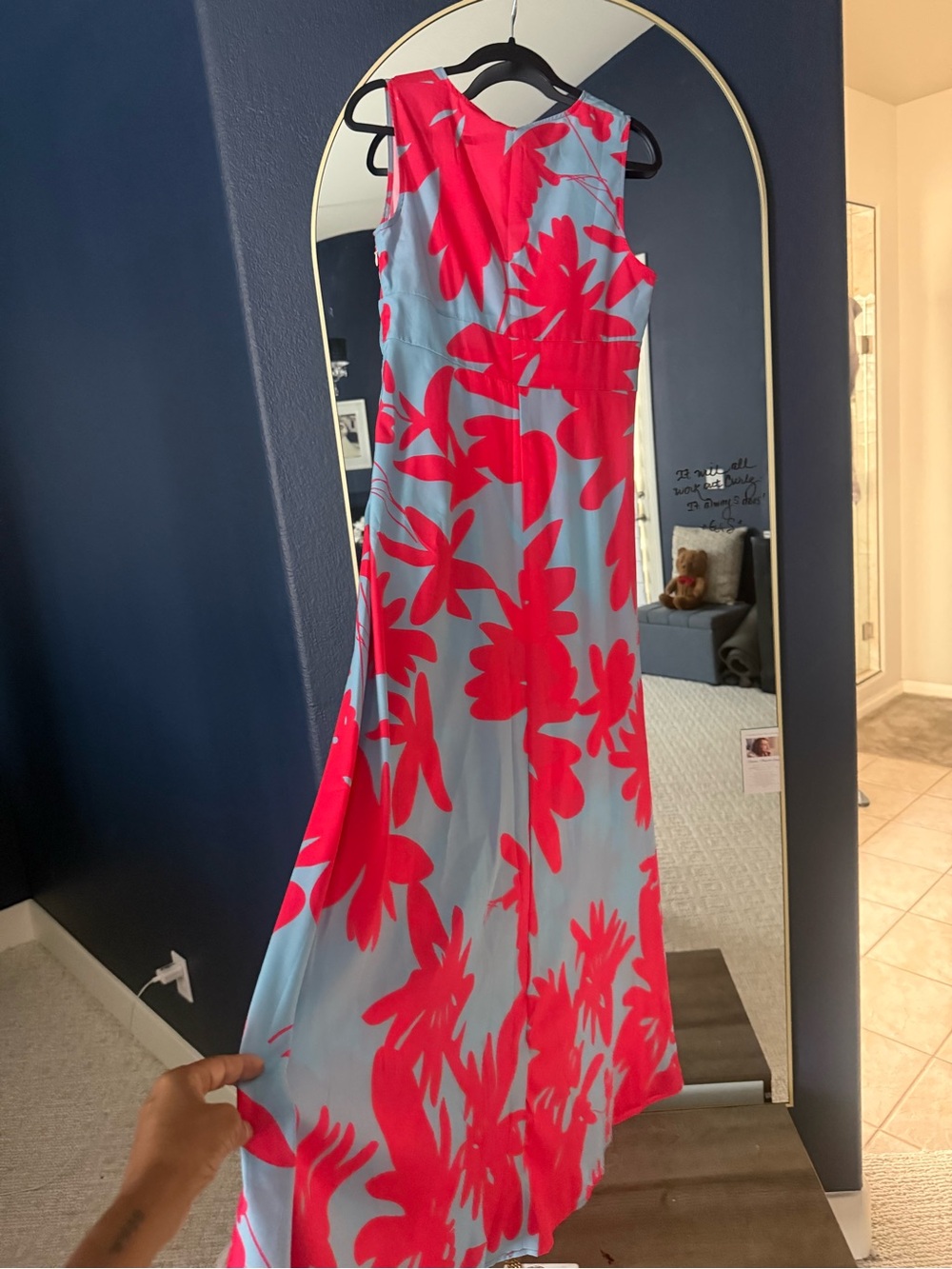 V-Neck Sleeveless Maxi Dress in Sky Blue with Bold Pink Floral - Picture 3 of 4